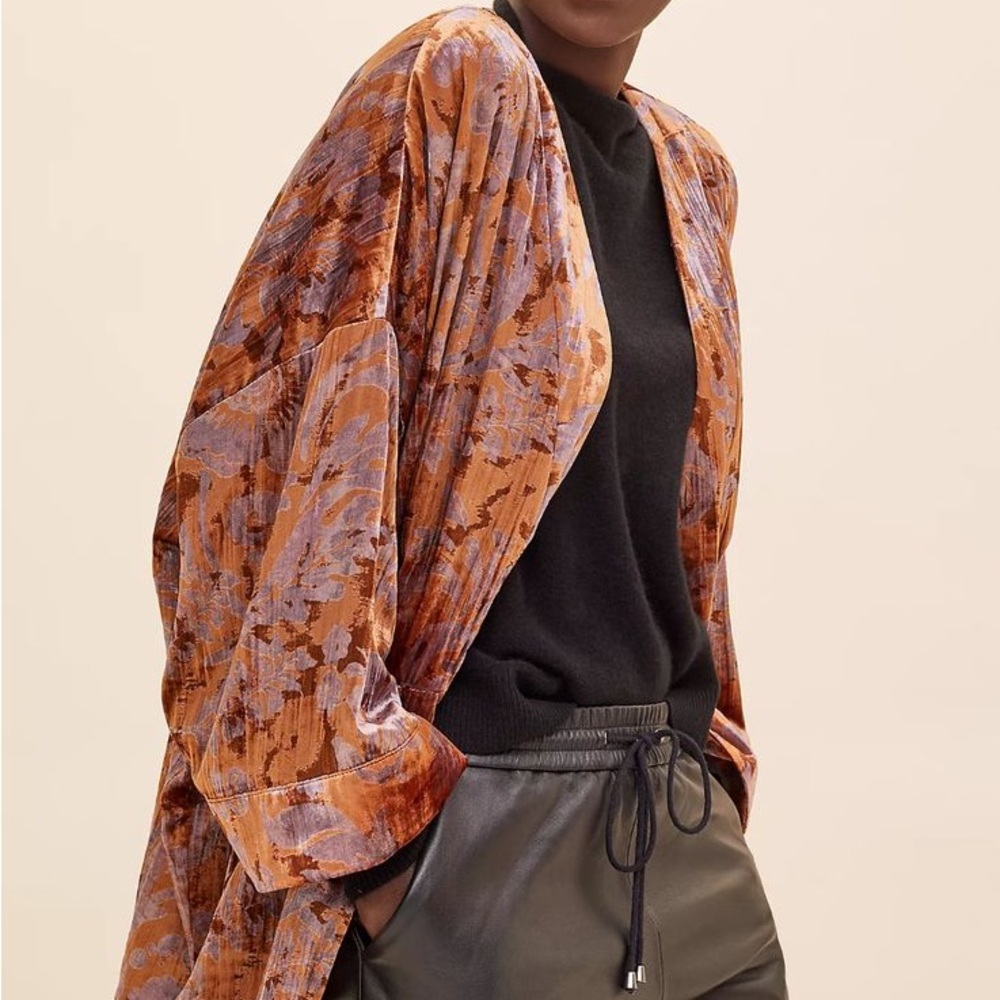 Anthropologie Orange Floral Open Front Esme Velvet Kimono Jacket Boho Bohemian